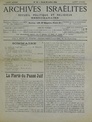 Archives israélites de France. Vol.75 N°31 (30 juil. 1914)